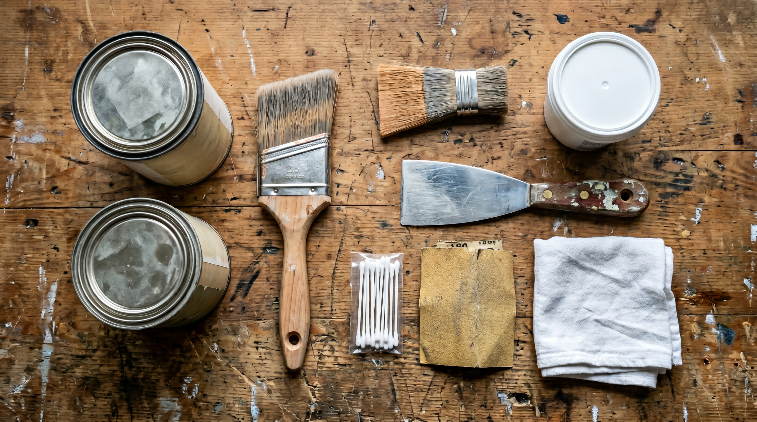 Overhead flat lay of peeling paint repair tools including primer cans scraper putty knife sash brush sandpaper and lead test swabs on a workbench