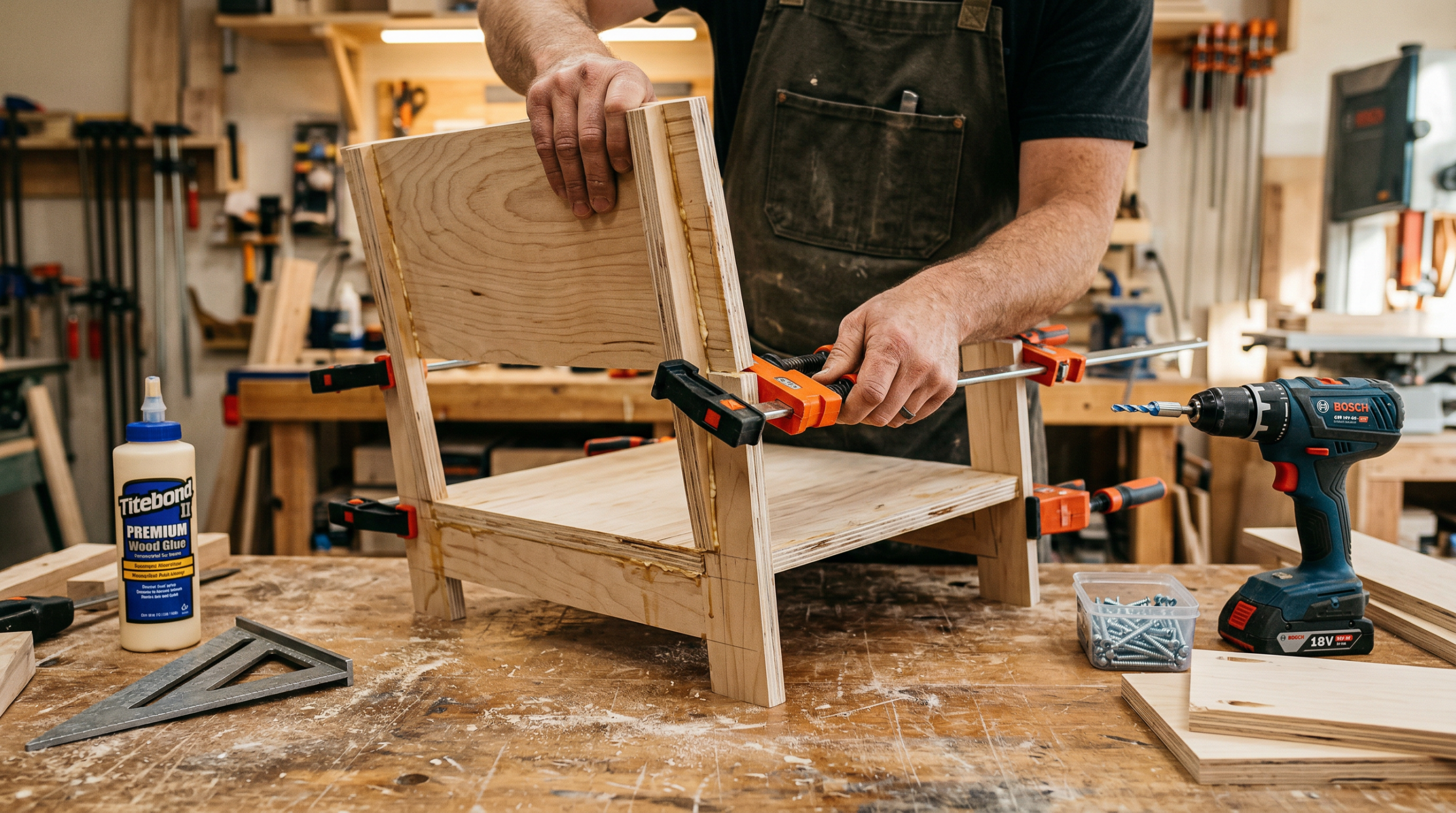 Hands assembling plywood chair pieces with wood glue and bar clamps on a workshop bench