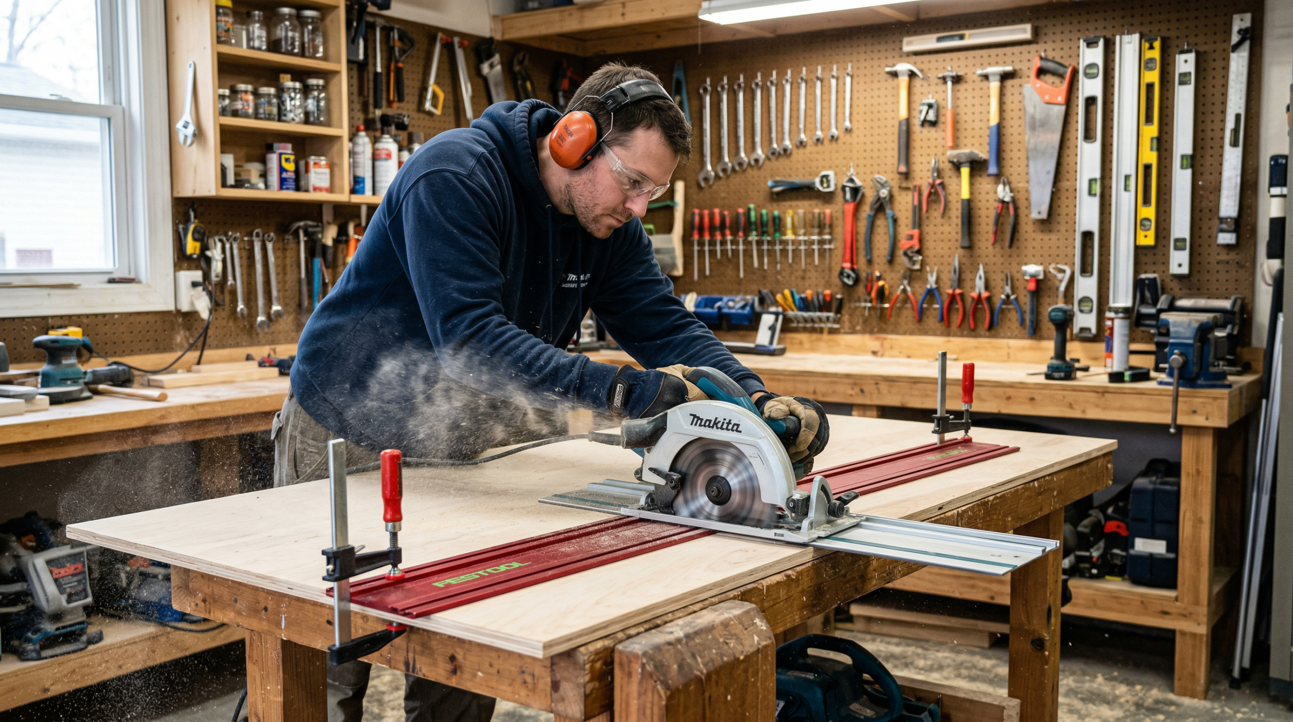 Man cutting a sheet of birch plywood with a circular saw and guide rail in a garage workshop