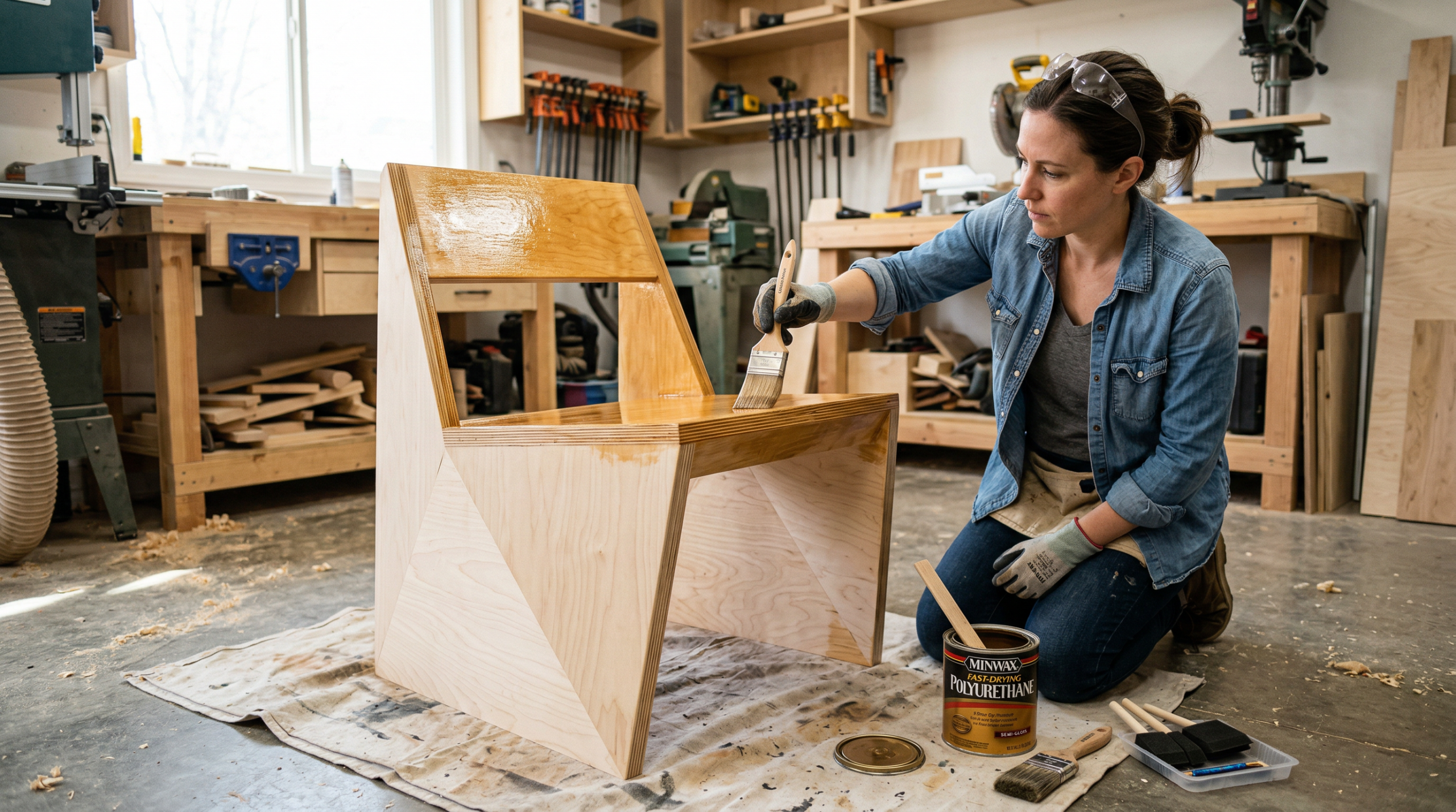 Woman applying polyurethane clear finish to a completed DIY plywood chair in a workshop