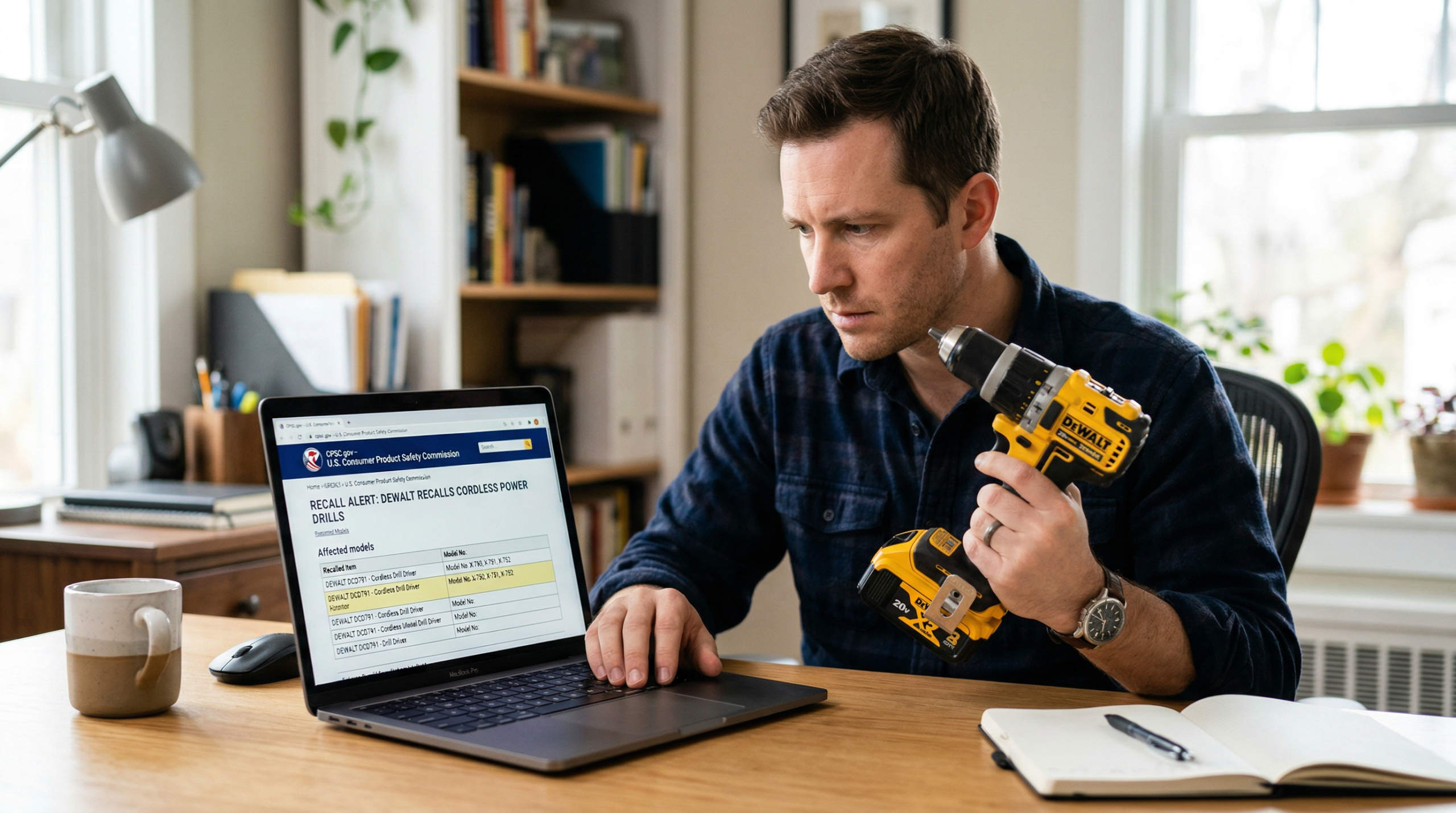 Man checking a CPSC product recall notice on laptop while holding a cordless power drill