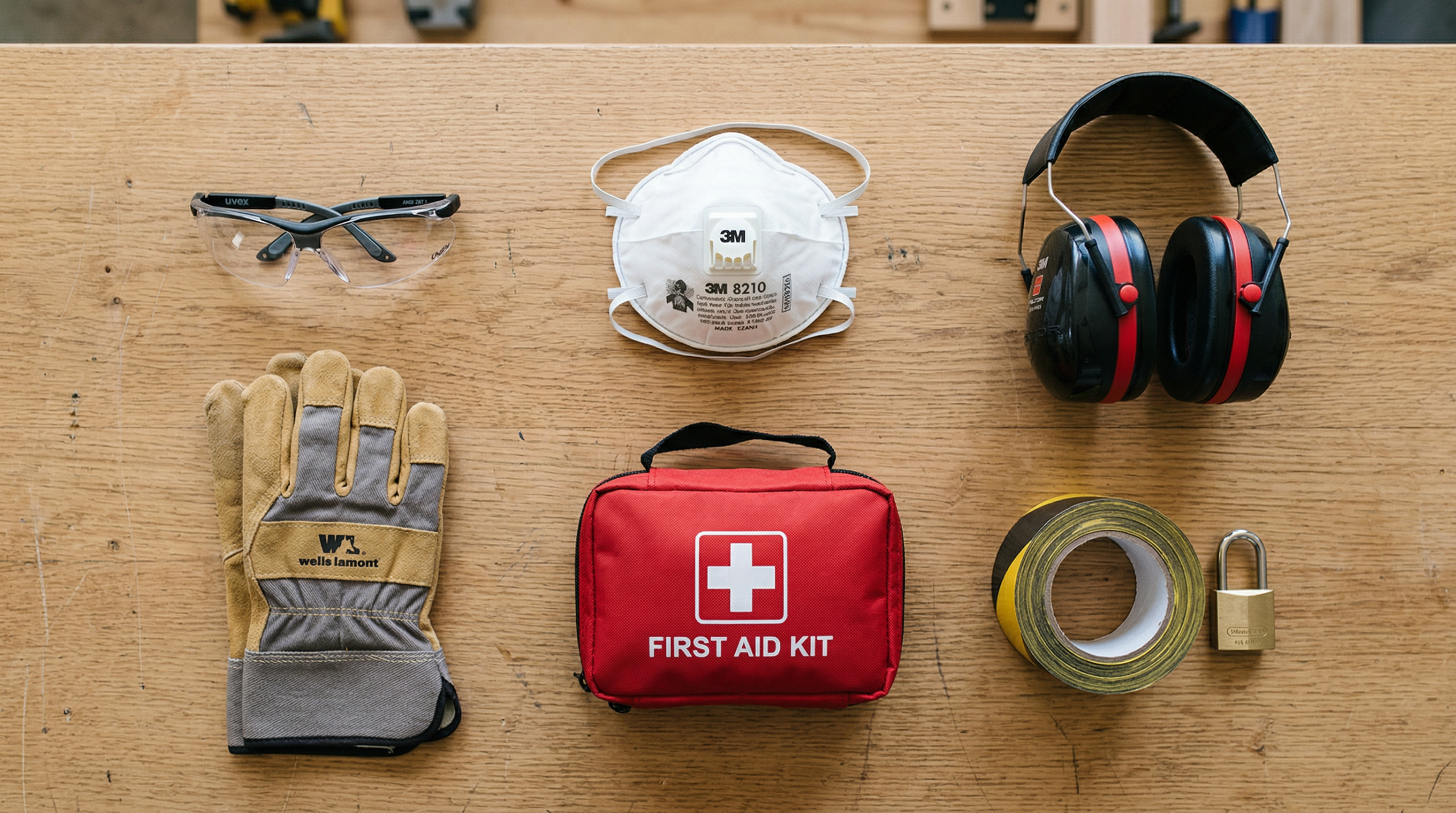 Flat lay of essential power tool safety gear including safety glasses, earmuffs, gloves, respirator, and first aid kit