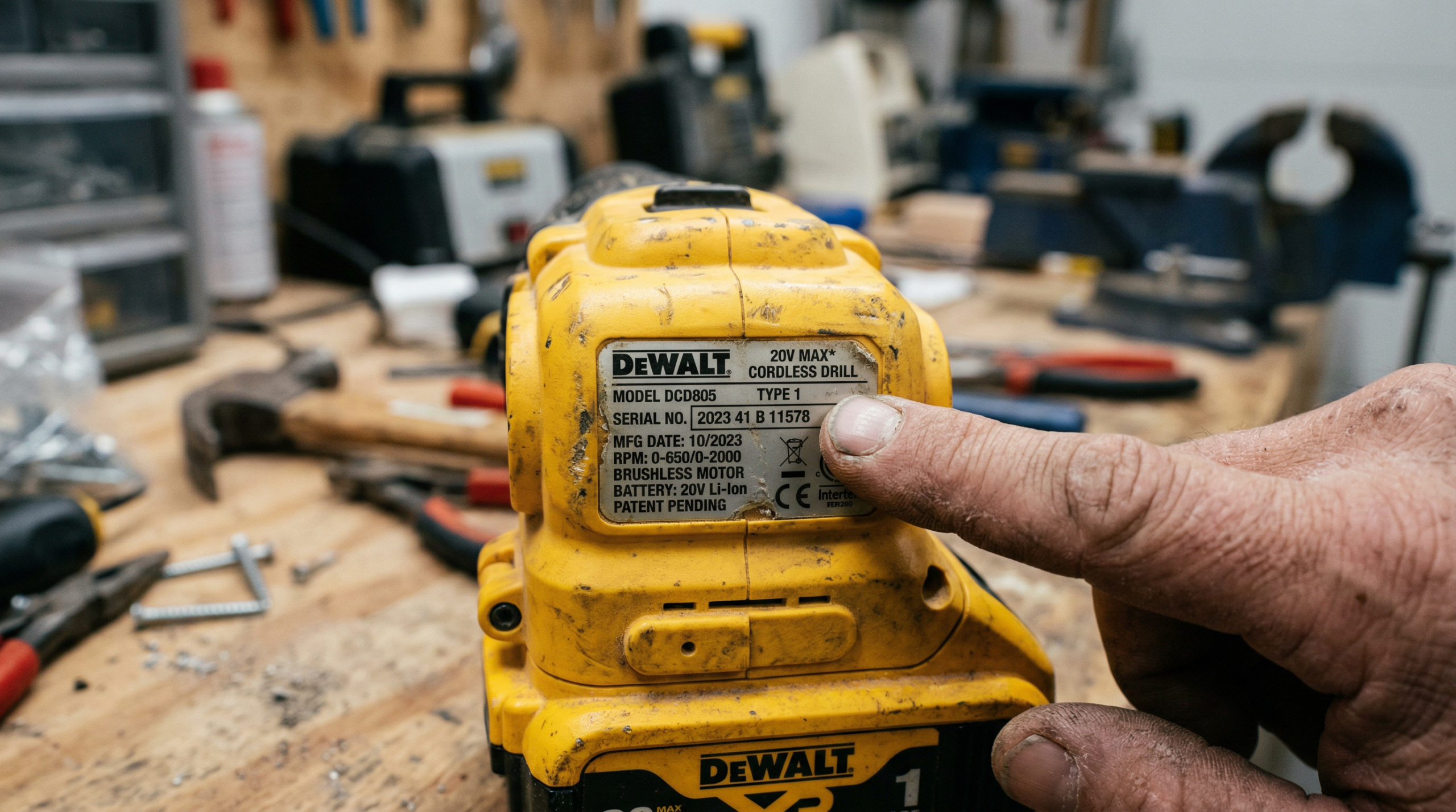 Close-up of a hand pointing at the serial number and model number label on a DeWalt cordless drill