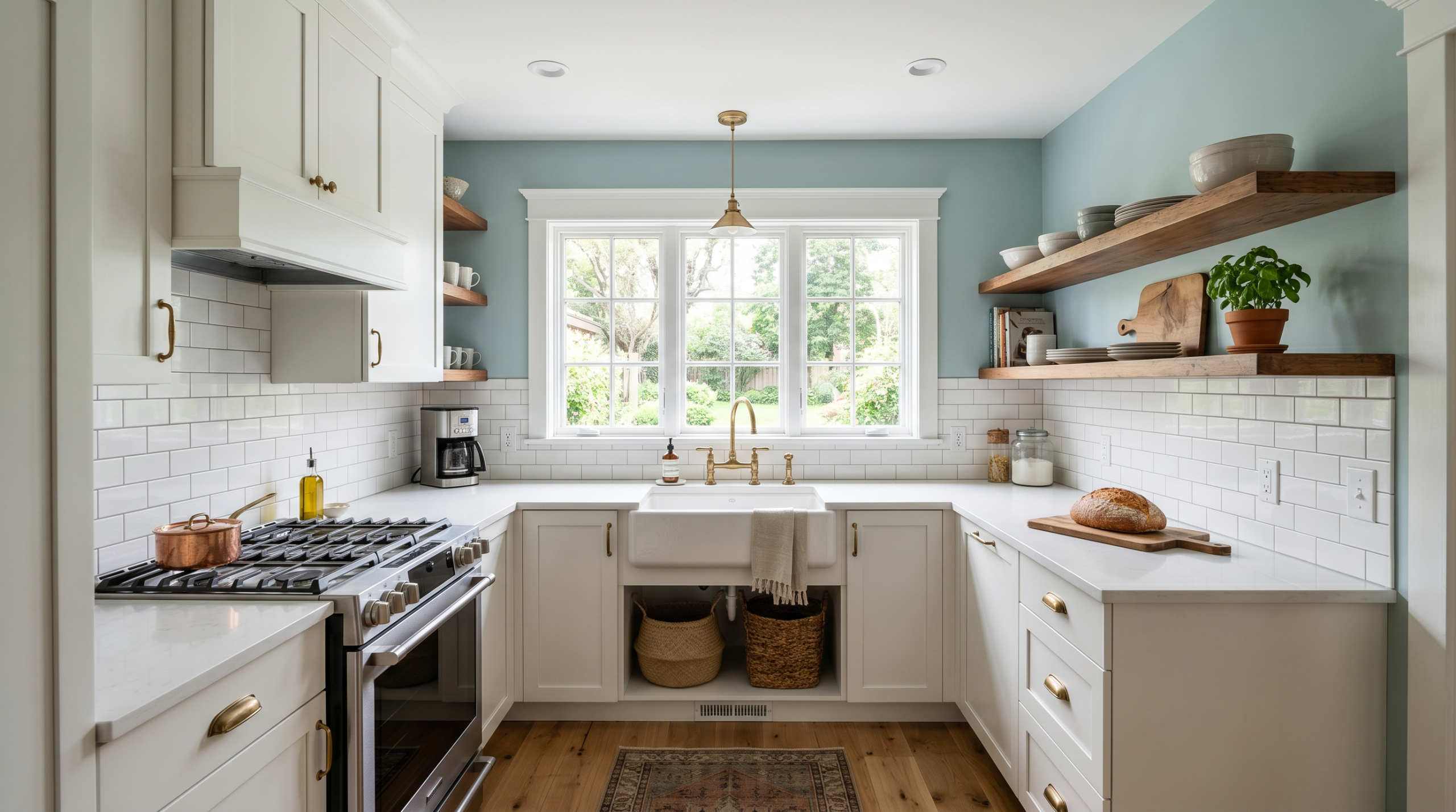 Small kitchen with soft blue-green painted walls and white cabinets reflecting natural light