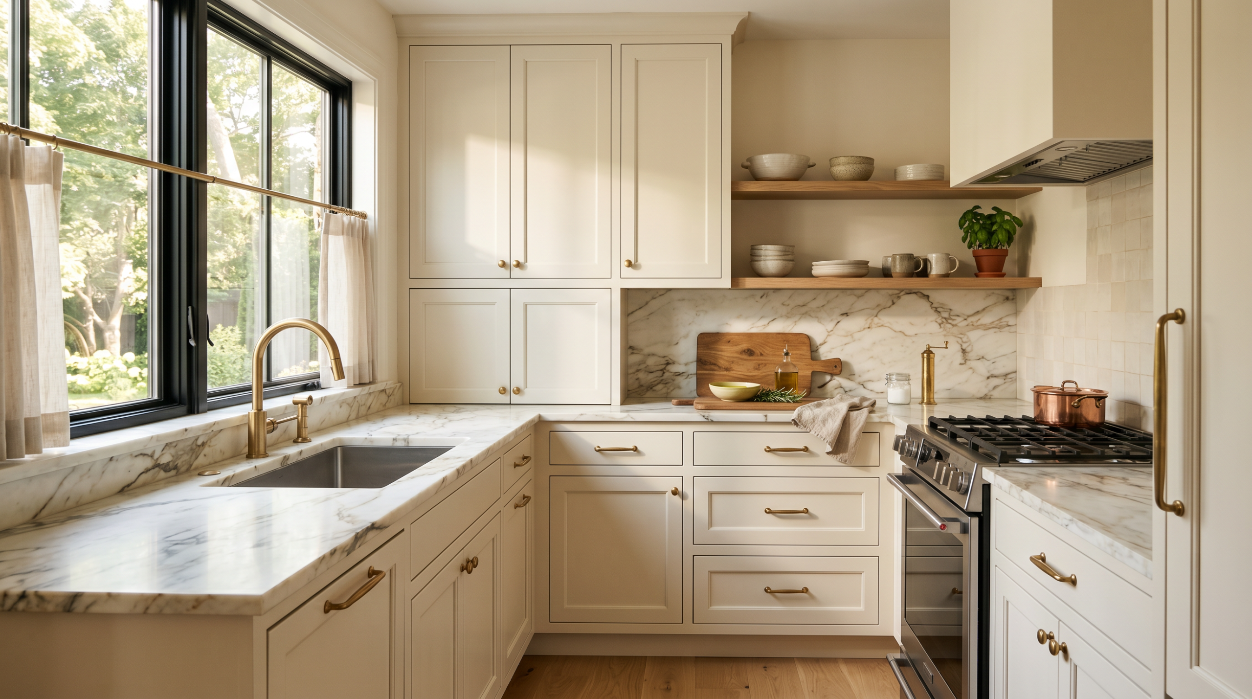 Warm off-white painted kitchen cabinets with marble countertop and brass hardware