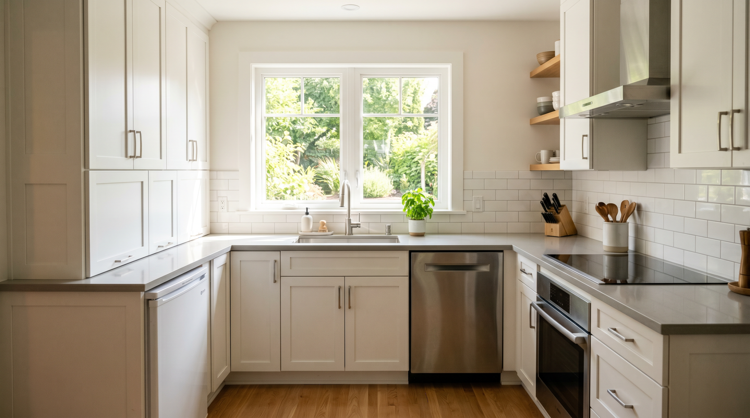 Bright small kitchen with white painted cabinets and natural light from a window
