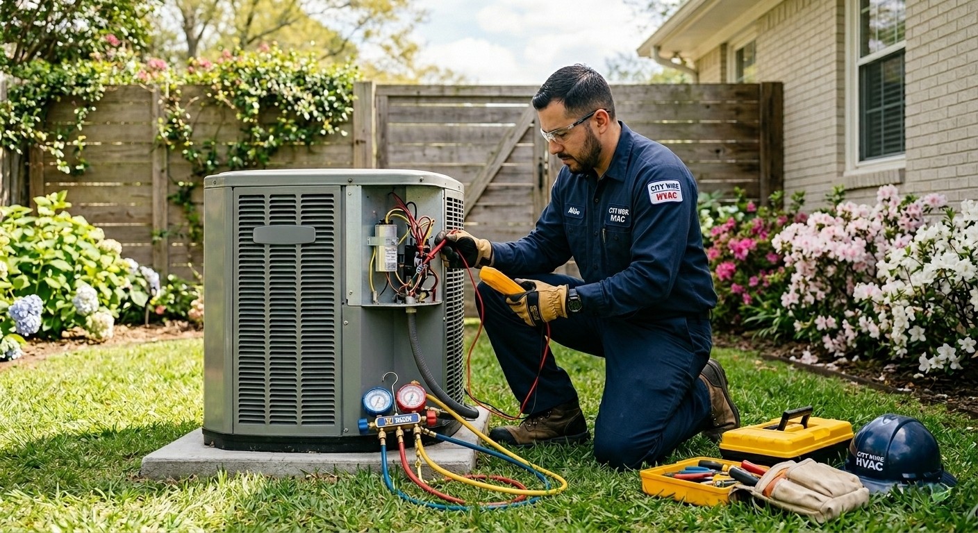HVAC technician servicing an outdoor air conditioning unit in spring