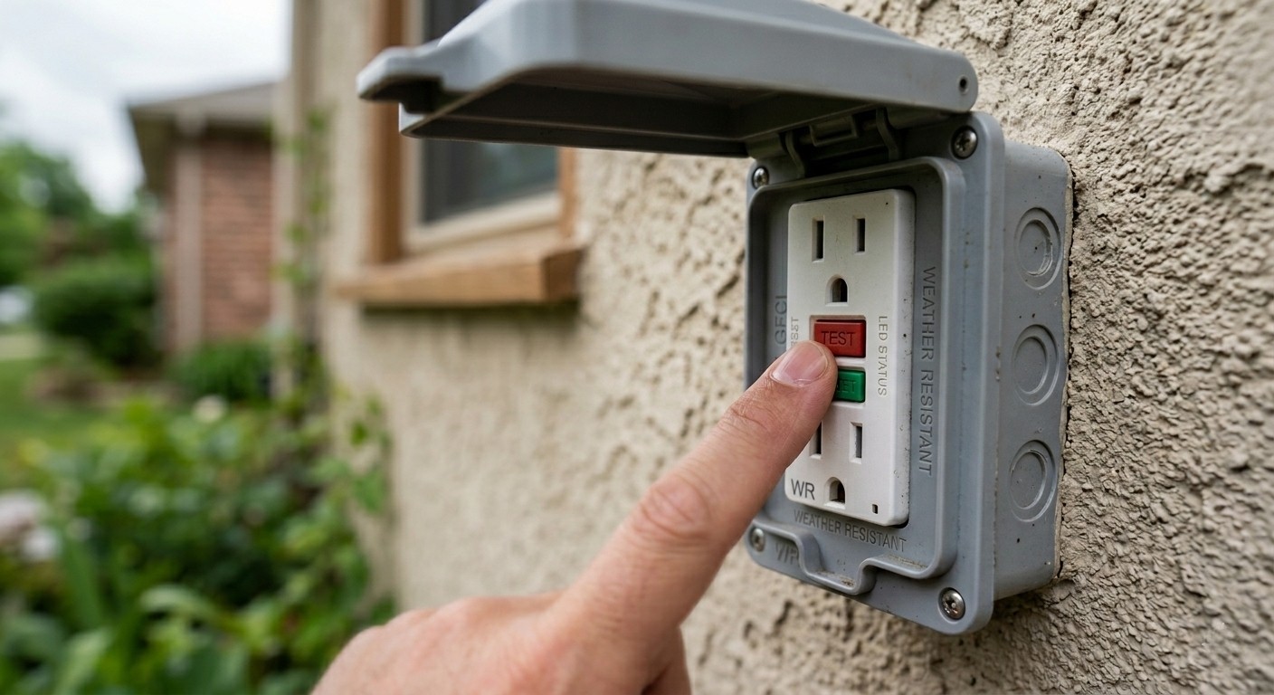 Homeowner testing a weather-resistant outdoor GFCI outlet