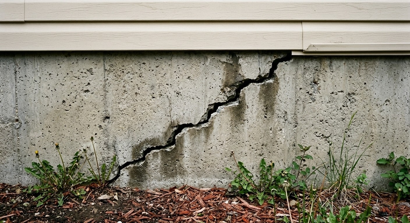 Cracked concrete foundation wall showing signs of settling damage