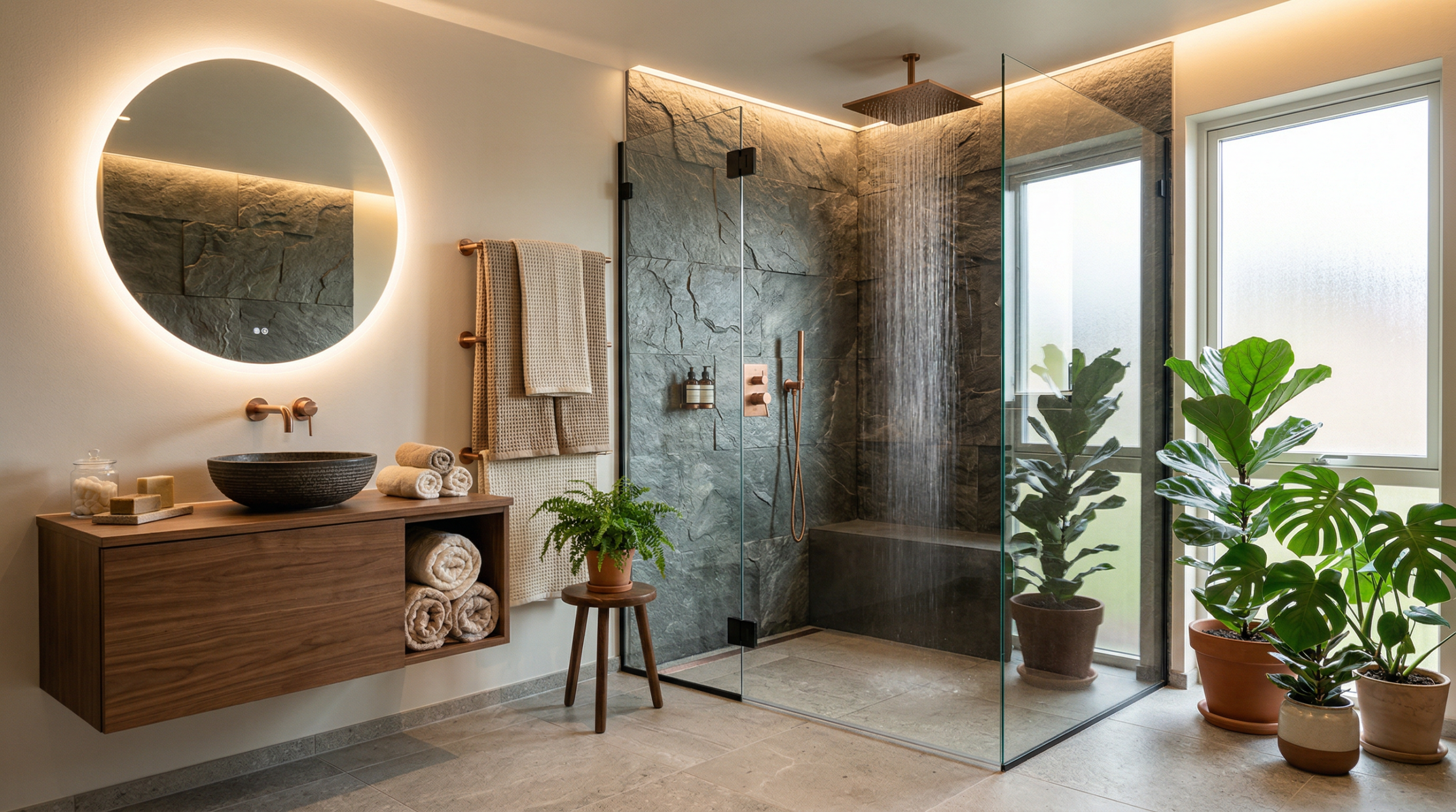 Luxurious modern bathroom with frameless glass shower, natural stone accent wall, and brushed copper fixtures