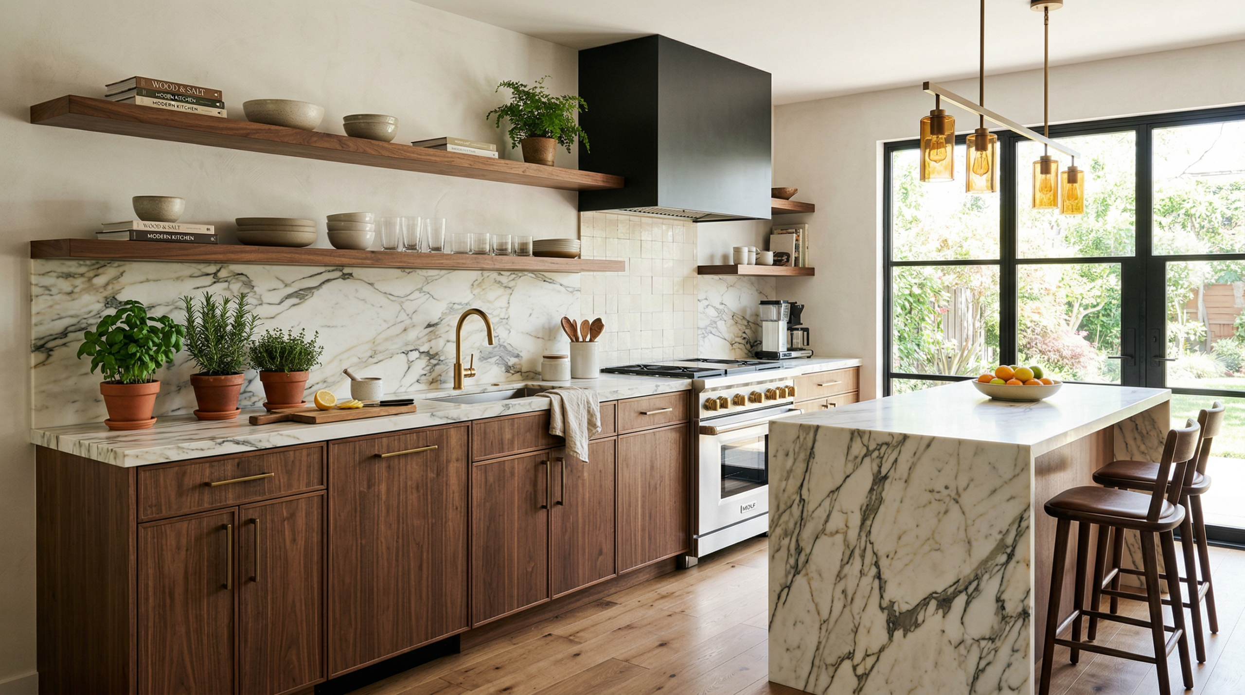 Modern kitchen with warm natural walnut cabinets, bold veined marble countertop, and matte bronze hardware