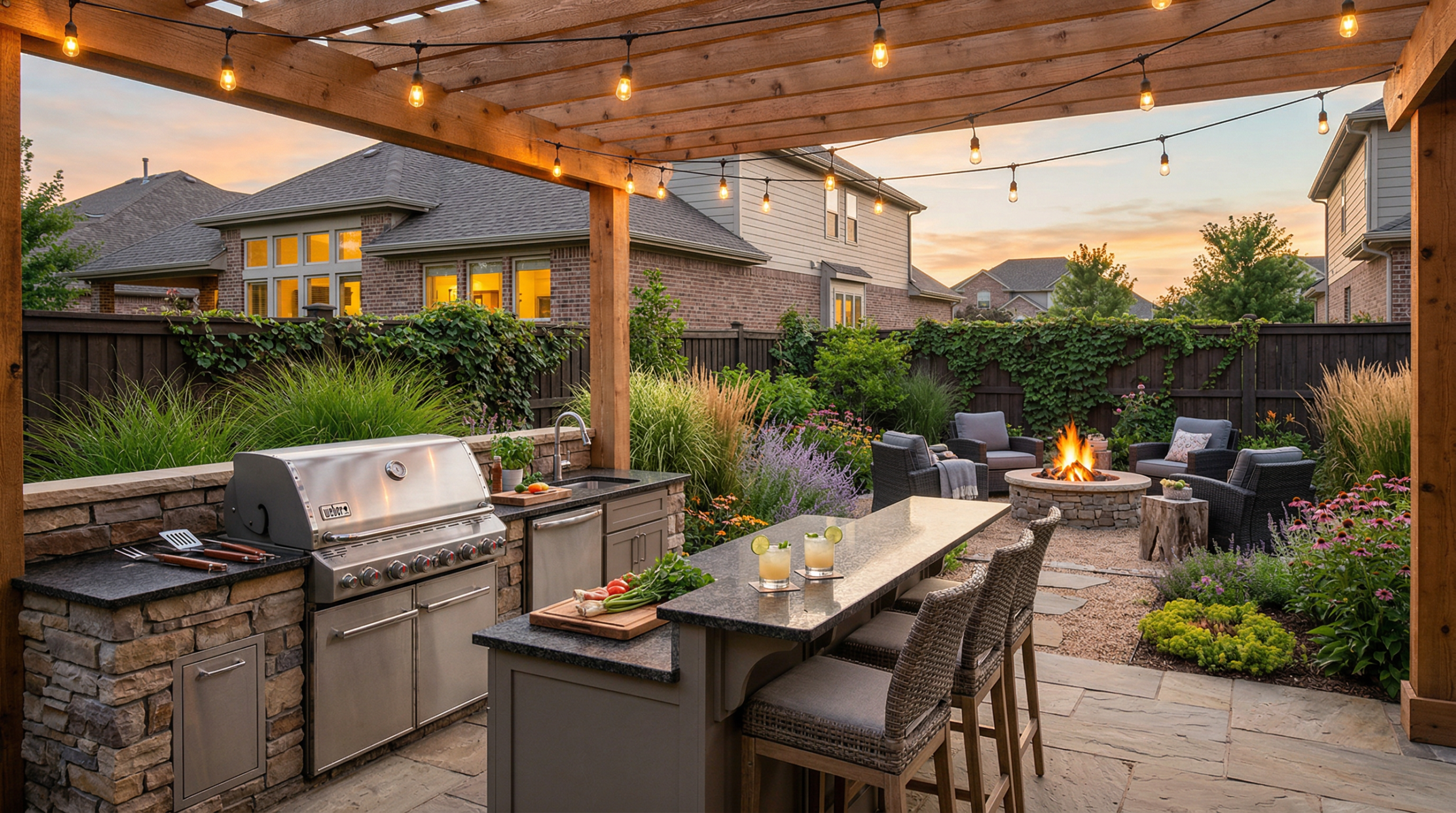 Beautiful outdoor kitchen and patio with built-in grill, string lights, native plant landscaping, and fire pit