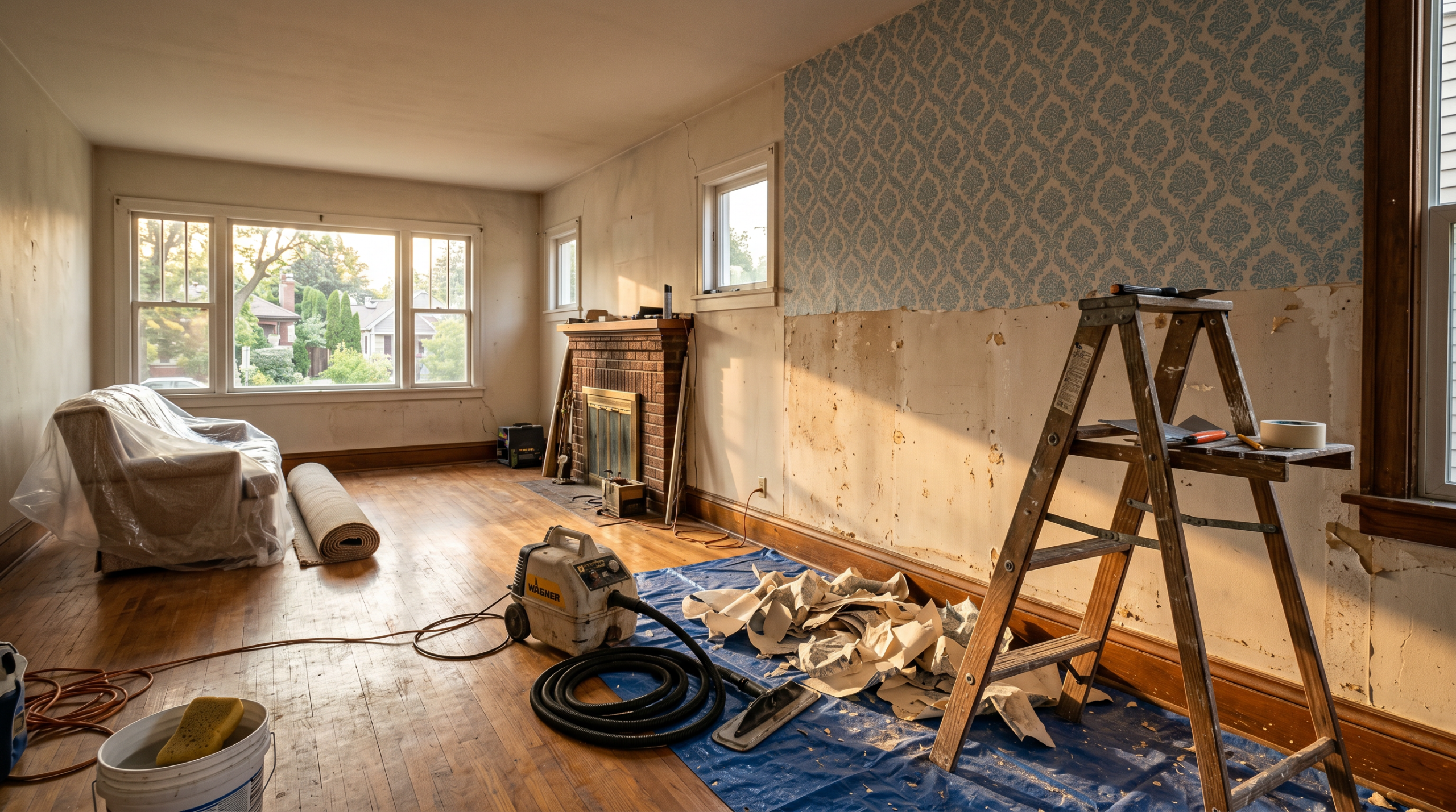 Living room mid-wallpaper removal project with half-stripped wall showing drywall beneath vintage blue wallpaper