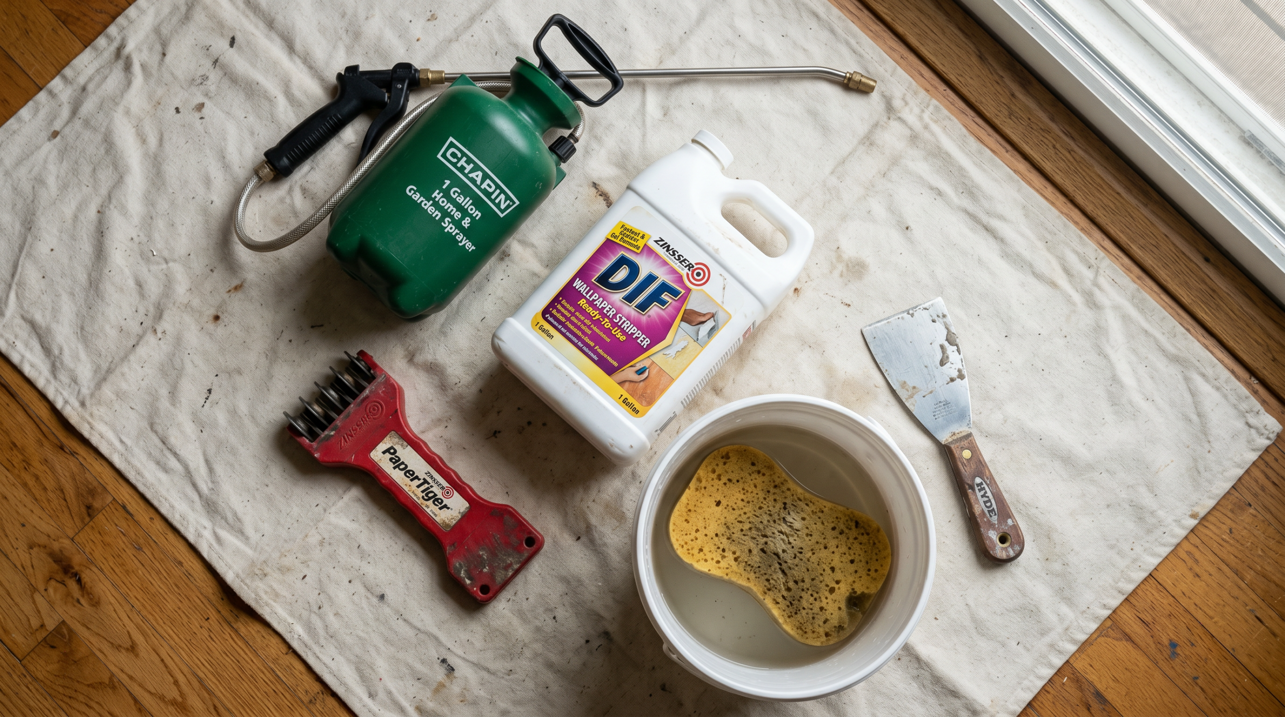 Overhead view of wallpaper removal tools including DIF stripper scoring tool putty knife garden sprayer and sponge on a drop cloth