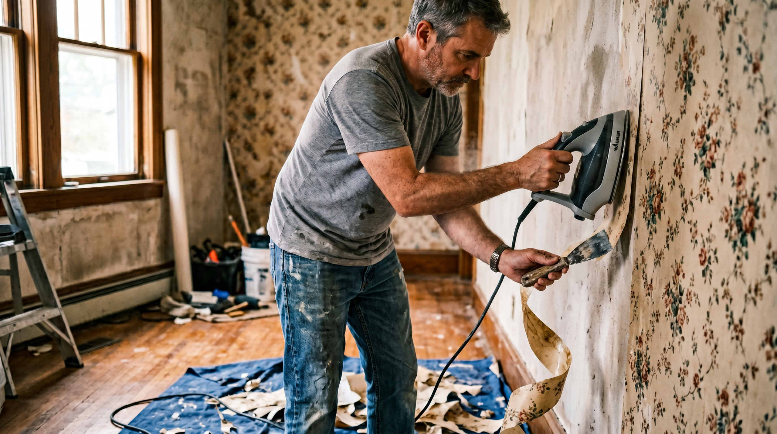 Man using a handheld wallpaper steamer and putty knife to remove floral wallpaper from a wall
