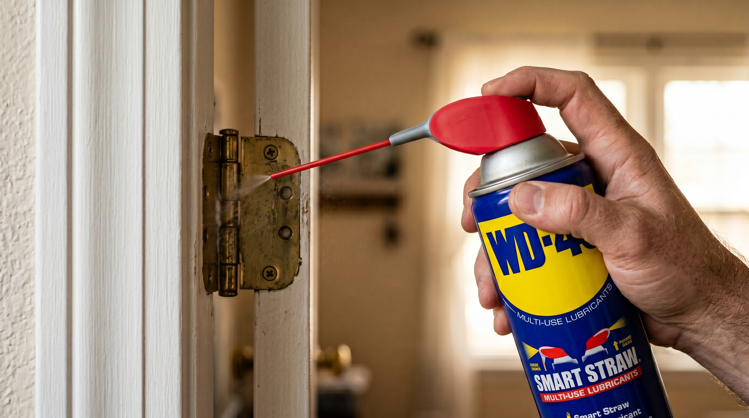 Close-up of a WD-40 can with the red Smart Straw flipped up, showing the flat actuator and side-mounted straw