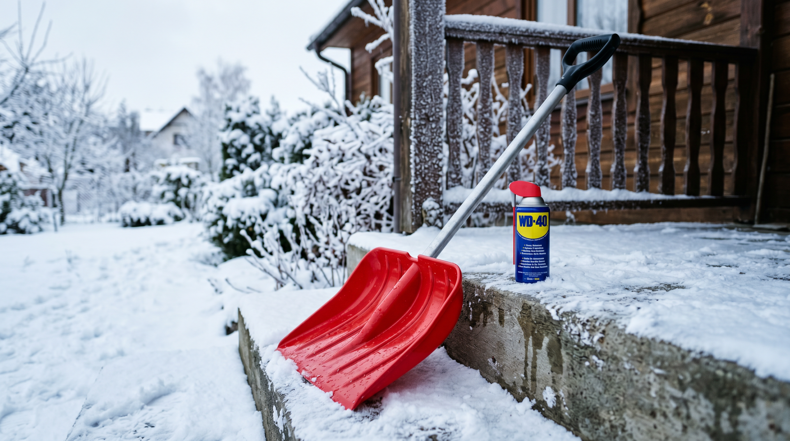 Red snow shovel leaning on porch step with slick oil-coated blade shedding snow next to a WD-40 aerosol can