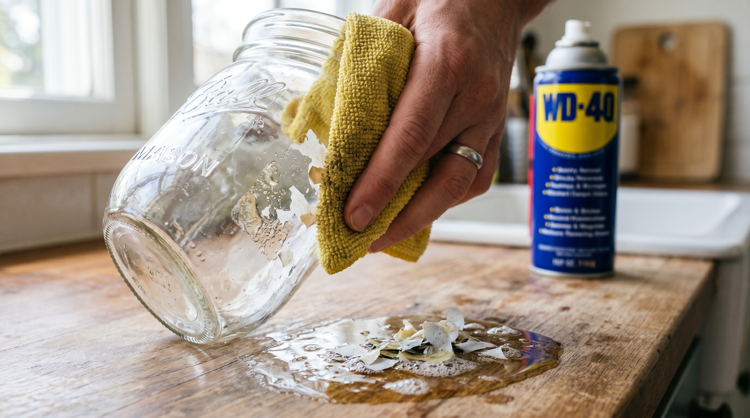 Hand wiping sticky adhesive residue off a clear glass mason jar with a yellow microfiber cloth next to a WD-40 can