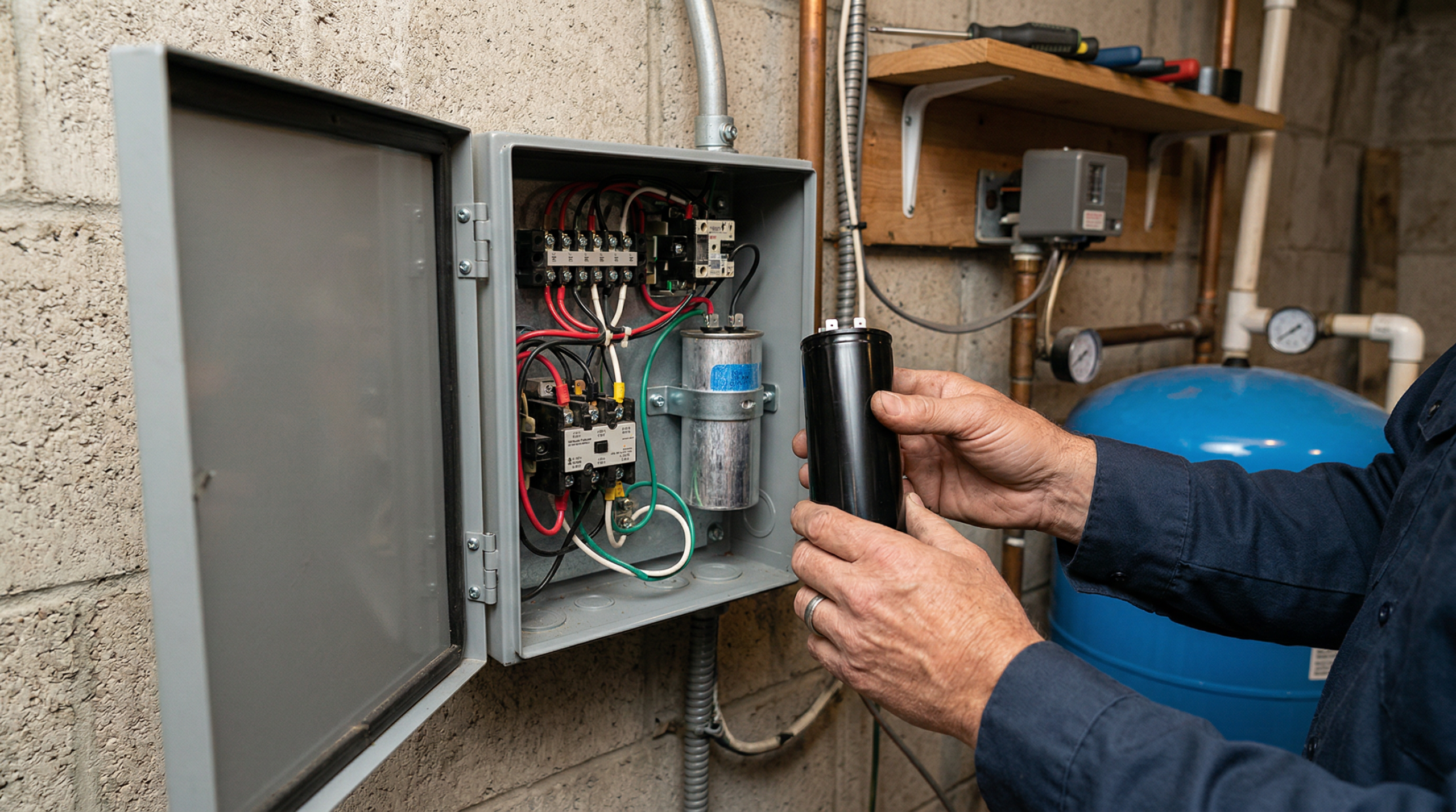 Hands replacing a cylindrical capacitor in a well pump control box mounted on a wall