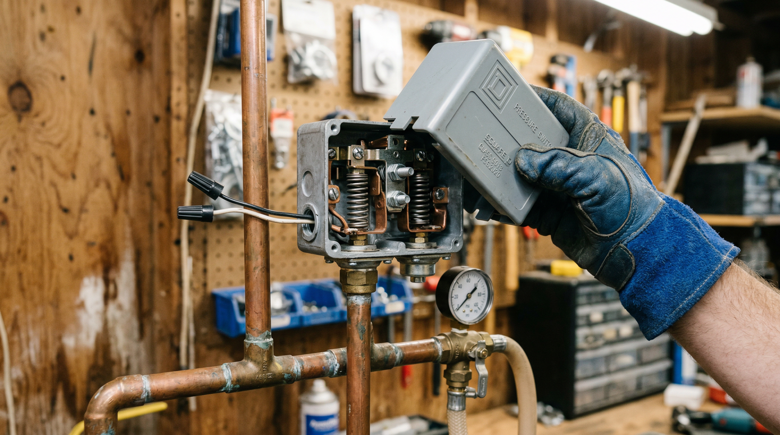 Hands inspecting a well pump pressure switch with cover removed showing internal contacts and springs