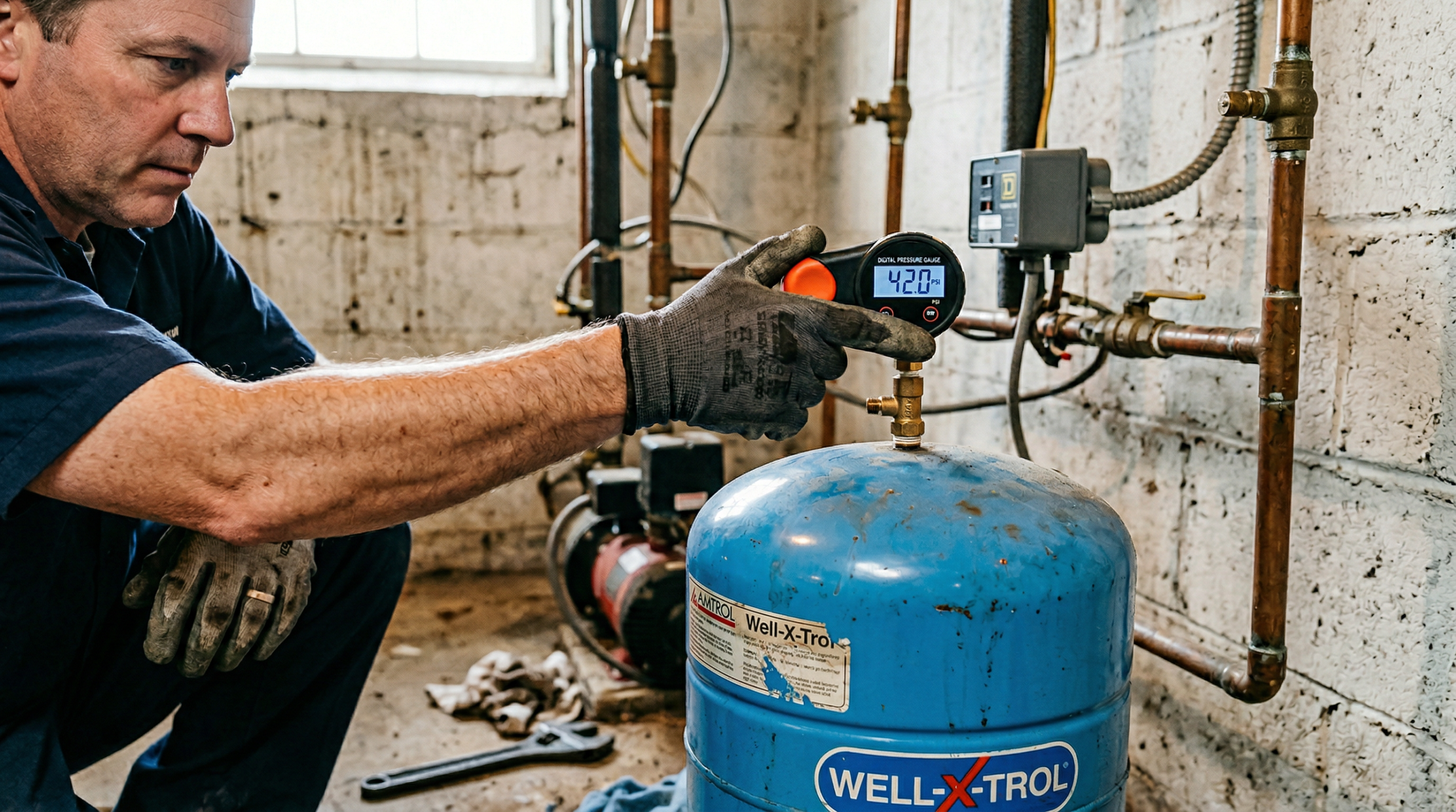 Homeowner testing pressure tank pre-charge with a tire gauge at the Schrader valve on top of a blue WellXTrol tank