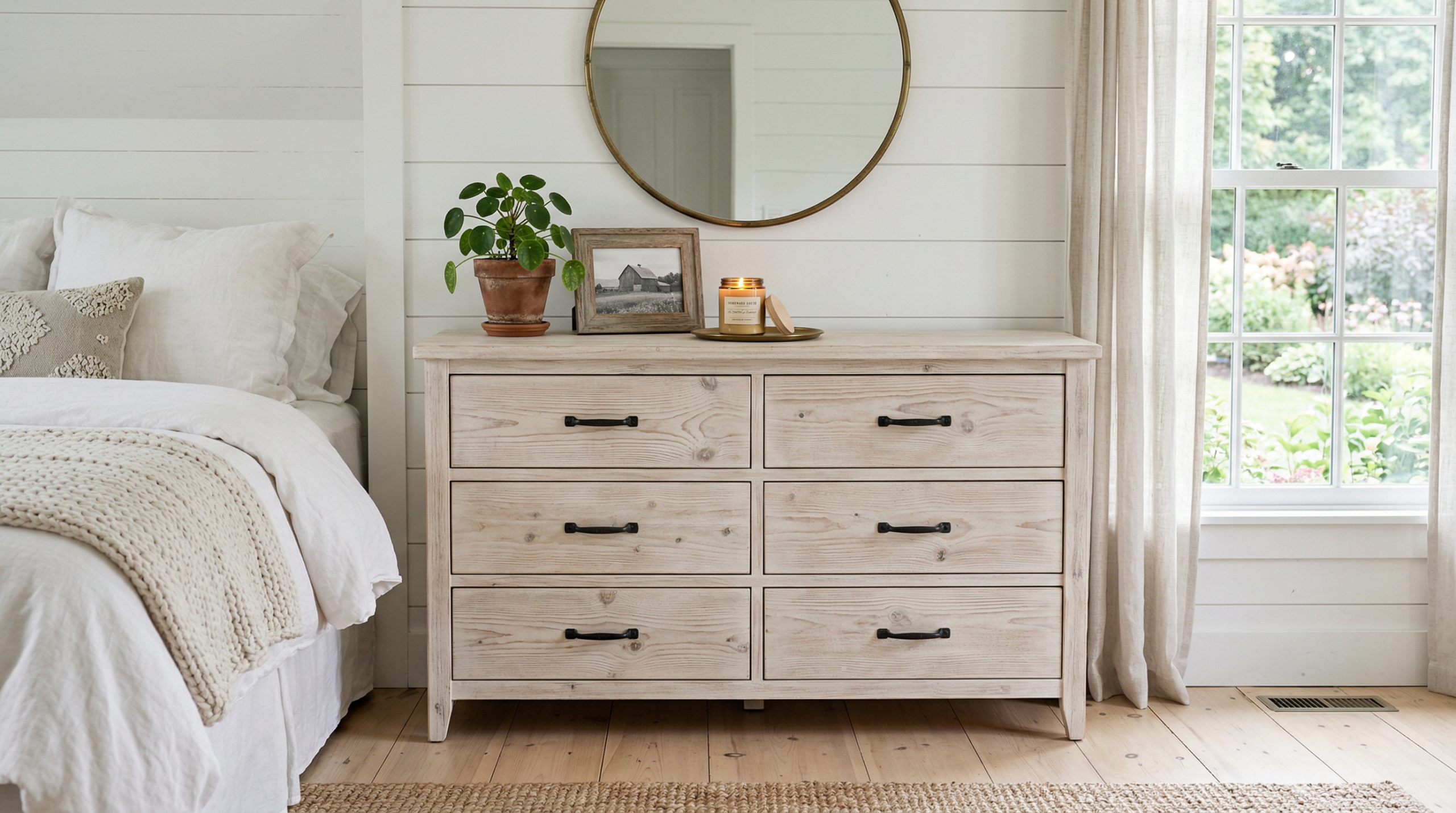 Beautifully whitewashed pine dresser in a bright farmhouse-style bedroom with styled decor