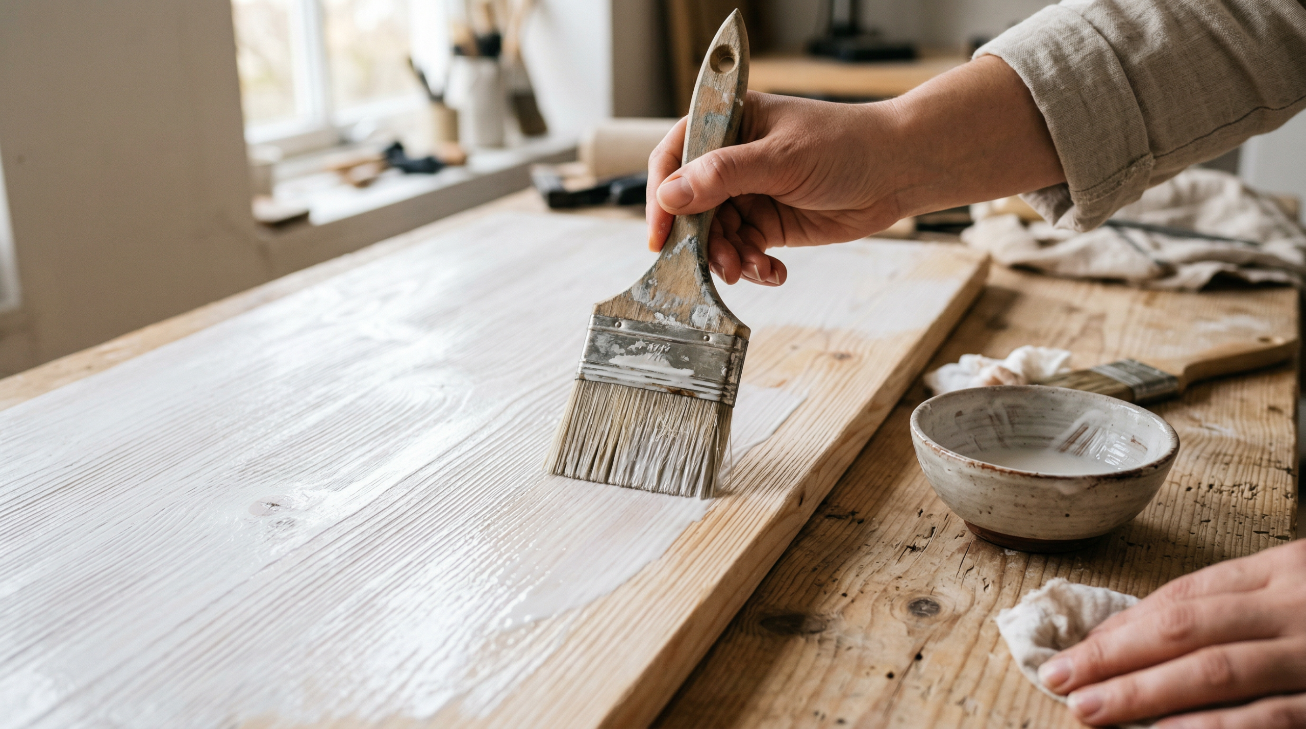 Close-up of hands applying diluted white paint to raw wood surface showing the water-and-paint whitewashing technique