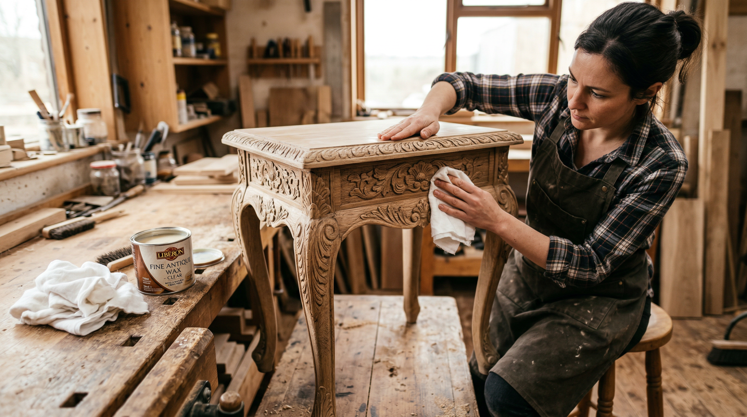 Woman applying clear furniture wax to an ornate carved wood side table before whitewashing